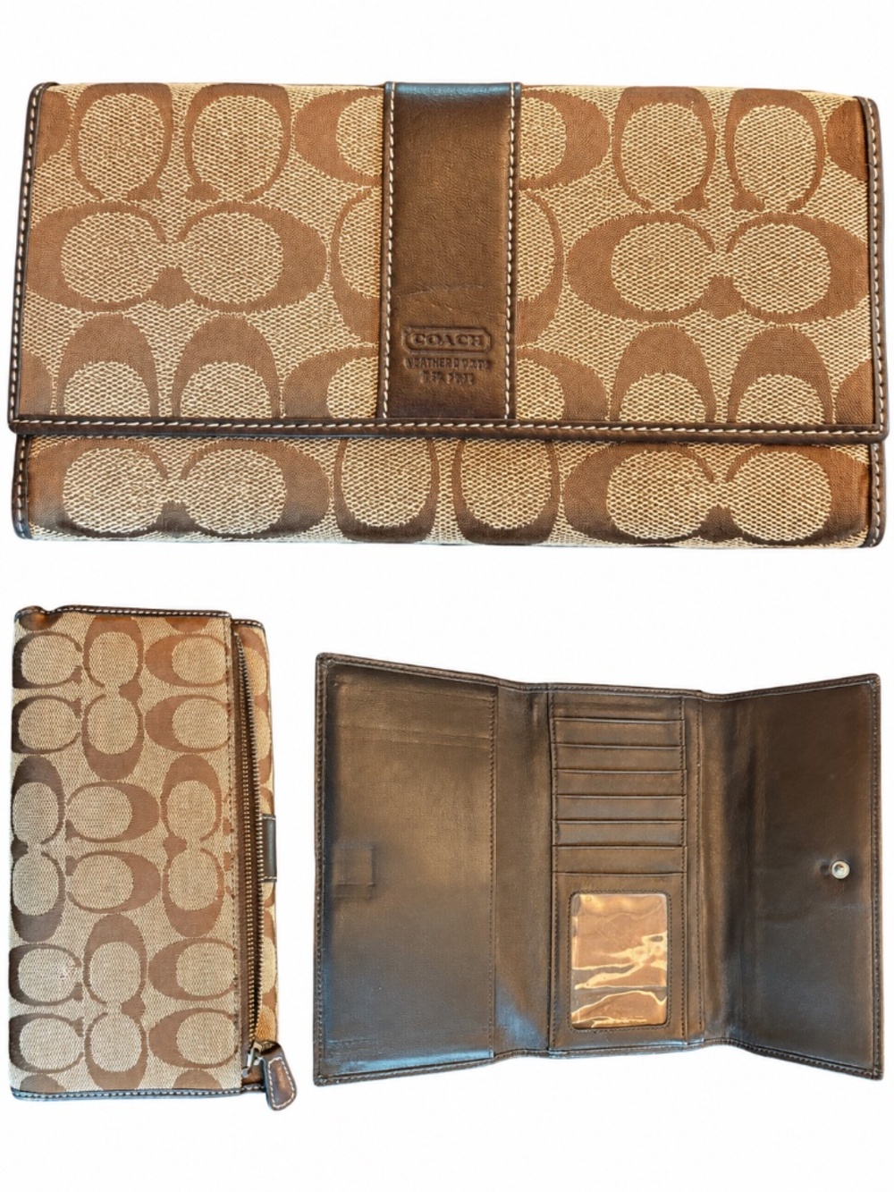 Coach Signature C Trifold Checkbook Organizer Wallet Brown Tan